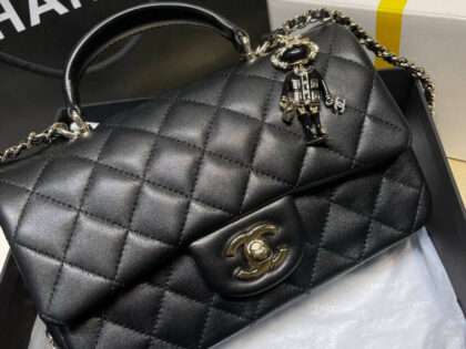 Replica Chanel Lambskin Mini Flap Bag With Top Handle Black with Charms