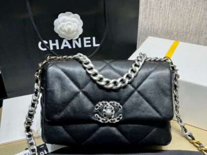Replica Chanel 19 Small Flap Bag in Black Lambskin Leather Silver Hardware