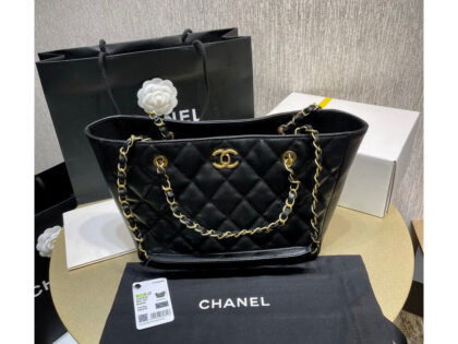 Replica Chanel Grained Calfskin Shopping Tote Bag Black