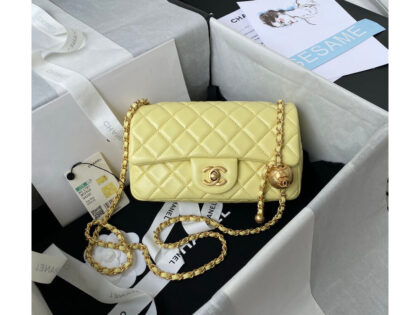 Replica Chanel Lambskin Pearl Flap Bag Yellow