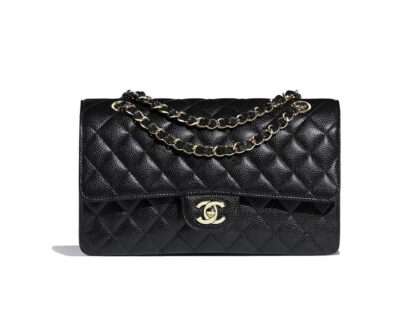 Replica Chanel Black Caviar Rectangular Flap Bag with Light Gold Hardware