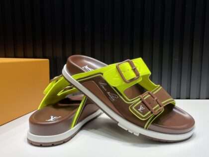 Replica Louis Vuitton Green/Brown Leather and Suede Trainer Flat Slides #LV093