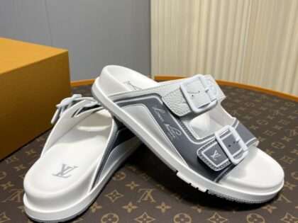 Replica Louis Vuitton Grey And White Leather Trainer Slides #LV095