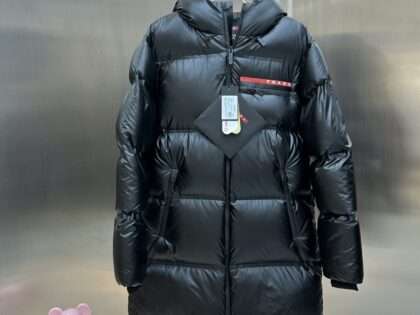 Replica Prada Hooded Red Label Mid-length Down Jackets in Black